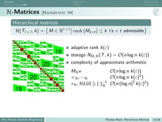 Concept                                                                                                                                                                                                                                                                                                Application                                    Eigenvalues



   H-Matrices                                                                                                                                                                    [Hackbusch ’98]

       Hierarchical matrices
                            H(TI × I , k) = M ∈ RI × I rank (Ms×t ) ≤ k ∀s × t admissible
                3       3




           22 7         10       14        8    11       9                                8           5
       3   7    19      10                                                            11      8


       3   10 10        31       11        11   9        16            12             8       15 8             12                                                        11 8
                             19       10                                                                                                                            11      8

                    11                                                                                              5
                                                                                                                                   13                                                                            13
                                                                                                                                                                                                                                                                                                        adaptive rank k(ε)
           14                10       31 11                                                                6                                                        8       15 9

           8        11           11        31       11                 16 11                               15       6                                                   8        15            12
           11       8                                              9        7    8                                            7         5
                                                                   3        3




                                                                                                                                                                                                                                                      19
                                                                                                                              13
                                  11                61                                                                                               11                                                         10 7
                                                                                                                                   8

           9        16                                                 11        11                                           8    11   8




                                                                                                  13                                                                            13
                                                9    3             25       10                                                                                                                              13   8

                                                         11                      11                                                              6        5                                                           9




                                                                                                                                                                                                                                                                                                        storage NSt,H (T , k) = O(n log n k(ε))
                                                7                  10       19                                                                                                                              8    11


                11 16
                                                     3




                                                8        11            11        31                                               11             15       6                                                 9         15       11
                11      8


           8    8       15                                                                                 10       10        15        9

           5        8             11                                                       61              3




                                                                                                           6        14        9         11           10                                                                                  10 7

                                                             13
                                 6         15                                             10      3   6    25   10       6                                                                                                           13       8


                12
                                                                                                           10   19       10

                                                                                                                                                     16
                                                                                                                                                                                                                                          11      8

                                                                                                                                                                                                                                                                                 12
                                                                                                                                                                                                                                                                                                        complexity of approximate arithmetic
                                 5         6                                              10          14 6      10       31       10                                                                                                 9    8       15        11


                                                                                                                                                                                     20
                                                         13   8
                                                7        8    11                          15          9                                          10       10
                                                5        8             11                 8           11       10                 51             7    9
                                                                                                                                                      3
                                                                                                                                                               7
                                                                                                                                                               3
                                                                                                                                                                                                                                                                                9             7
                                                                       6         15                                           10                 25       11                                                                                                                        8

                    13                                                                                                                                                                                                                        13
                                                                                                                                        7                                                                                                                                   13


                                                    11                 5         6         10 16                              10
                                                                                                                                        9

                                                                                                                                        7
                                                                                                                                             3




                                                                                                                                             3
                                                                                                                                                 11
                                                                                                                                                      25
                                                                                                                                                      10
                                                                                                                                                               10

                                                                                                                                                               19                                                                                                           9
                                                                                                                                                                                                                                                                                 13
                                                                                                                                                                                                                                                                                 8
                                                                                                                                                                                                                                                                                         8

                                                                                                                                                                                                                                                                                         11
                                                                                                                                                                                                                                                                                              11
                             11       8                                                                                                                                               3   7




                                                                                                                                                                                                                                                                                                                           O(n log n k(ε))
                                                                                                                                                                        39                         10                                         5


                                                                                                                                                                                                                                                                                                        MH v
                             8        15   8                                                                                                                                     10       10                                         6

                10
                                                                                                                                                                                      3




                                 9         15                                                                                                                       3
                                                                                                                                                                        10  3
                                                                                                                                                                                 25 7          10
                                                                                                                                                                                               3
                                                                                                                                                                                                       6
                                                                                                                                                                                                       3
                                                                                                                                                                                                                15 10                13       6             11

                                                             13
                                                                                                                                                                    7       10   7        22 7         10                  11   9                          8           5



                7                 12                                                                                                                                    10
                                                                                                                                                                                 10


                                                                                                                                                                                 6
                                                                                                                                                                                      3   7


                                                                                                                                                                                          10 10
                                                                                                                                                                                               19      10


                                                                                                                                                                                                       31       11         9    16       12
                                                                                                                                                                                                                                                       11



                                                                                                                                                                                                                                                       8
                                                                                                                                                                                                                                                               8


                                                                                                                                                                                                                                                               15 8
                                                                                                                                                                                                                                                                                 12
                                                                                                                                                                                                                                                                                                                           O(n log n k(ε)2 )
                                                                                                                                                                                      3




                                                                                                          20                                                                                                                                                                                            +H , −H
                                                                   13       8
                                                                   8        11   8                                                                                                                          34        10   13   10                                          6       5
                                                    10                 9         15                                                                                      15                    11           10        25   7    11                                          13      6         11

                    13                                                                                                                                                                                                                        13
                                                                                                                                                                                          11       8        13        7



                                                    7                  11                                                                                                10               9        16       10        11       61                                               11 23


                                                                                                                                                                                                                                                                                                        ∗H , HLU(·), (·)−1 O(n (log n)2 k(ε)2 )
                                                                                                           13       9                                                   6        13                                                  20       9            9           7
                                                                                                                11       8                                                                                                                                         3   7

                                                                                           9               8    8        15                                             5        6             12                                    9        39 10                3   10       15 10

                                                                                                                                   12                                                                            13                                                                                                     H
                                                                                                                                                                                               11      8


                                                                                                                                                                                          8    8       15                            9        10                                              15   9

                                                                                           7                   11                                                        11               5        8                                 7
                                                                                                                                                                                                                                          3




                                                                                                                                                                                                                                          7
                                                                                                                                                                                                                                                  3




                                                                                                                                                                                                                                                  10        61 10                             9    11




                             19
                                                                                                                                                 13       9                                                 6         13                                                    20      9         9    7


                                                                                                                                  9              8
                                                                                                                                                      13
                                                                                                                                                      8
                                                                                                                                                               8
                                                                                                                                                               11                                           5         6        10        15                 10              9       34 10          13




                                                                                                  12                              7                  11                         12                              11             23        10
                                                                                                                                                                                                                                                           15
                                                                                                                                                                                                                                                           8
                                                                                                                                                                                                                                                                       9
                                                                                                                                                                                                                                                                       11
                                                                                                                                                                                                                                                                            9
                                                                                                                                                                                                                                                                            7
                                                                                                                                                                                                                                                                                    10
                                                                                                                                                                                                                                                                                    13        51




Max Planck Institute Magdeburg                                                                                                                                                                                                                                                                                           Thomas Mach, Hierarchical Matrices   13/28
 