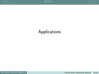 Concept                            Application                                 Eigenvalues




                                 Applications




Max Planck Institute Magdeburg                    Thomas Mach, Hierarchical Matrices   15/28
 