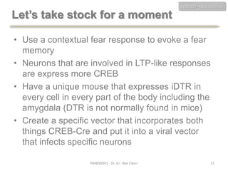 Let’s take stock for a moment

HMB300 - Neuroscience

• Use a contextual fear response to evoke a fear
memory
• Neurons that are involved in LTP-like responses
are express more CREB
• Have a unique mouse that expresses iDTR in
every cell in every part of the body including the
amygdala (DTR is not normally found in mice)
• Create a specific vector that incorporates both
things CREB-Cre and put it into a viral vector
that infects specific neurons
HMB300H1 - Dr. JU - Bye Class!

11

 