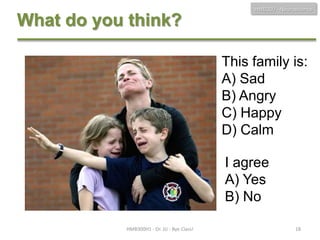 HMB300 - Neuroscience

What do you think?
This family is:
A) Sad
B) Angry
C) Happy
D) Calm
I agree
A) Yes
B) No
HMB300H1 - Dr. JU - Bye Class!

18

 
