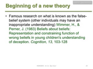 HMB300 - Neuroscience

Beginning of a new theory
• Famous research on what is known as the falsebelief system (other individuals may have an
inappropriate understanding) Wimmer, H., &
Perner, J. (1983) Beliefs about beliefs:
Representation and constraining function of
wrong beliefs in young children's understanding
of deception. Cognition, 13, 103-128

HMB300H1 - Dr. JU - Bye Class!

24

 