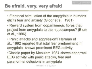 HMB300 - Neuroscience

Be afraid, very, very afraid
• Electrical stimulation of the amygdala in humans
elicits fear and anxiety (Gloor et al., 1981)
• Reward system from dopaminergic fibres that
project from amygdala to the hippocampus? (Blum
et al., 1996)
• Panic attacks and aggression? Herman et
al., 1992 reported that ictal fear predominant in
amygdala- shows prominent EEG activity
•Classic paper by Mesulam 1981 shows abnormal
EEG activity with panic attacks, fear and
paranormal delusions in amygdala
HMB300H1 - Dr. JU - Bye Class!

3

 