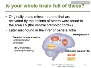 HMB300 - Neuroscience

Is your whole brain full of these?
• Originally these mirror neurons that are
activated by the actions of others were found in
the area F5 (the ventral premotor cortex)
• Later also found in the inferior parietal lobe
What percent?
Superior temporal sulcus
Biological motion
perception
RIPL (multimodal
sensory processing)

Estimated around 10%

HMB300H1 - Dr. JU - Bye Class!

32

 