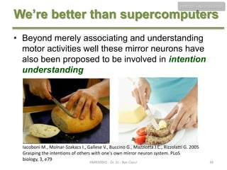 HMB300 - Neuroscience

We’re better than supercomputers
• Beyond merely associating and understanding
motor activities well these mirror neurons have
also been proposed to be involved in intention
understanding

Iacoboni M., Molnar-Szakacs I., Gallese V., Buccino G., Mazziotta J.C., Rizzolatti G. 2005
Grasping the intentions of others with one's own mirror neuron system. PLoS
biology, 3, e79
HMB300H1 - Dr. JU - Bye Class!

34

 