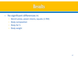•   No significant differences in:
    • Bench press, power cleans, squats (1 RM)
    • Body composition
    • Body fat %
    • Body weight




                                                 27
 