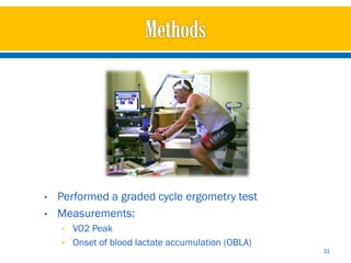 •   Performed a graded cycle ergometry test
•   Measurements:
    • VO2 Peak
    • Onset of blood lactate accumulation (OBLA)
                                                   31
 