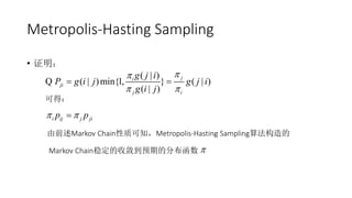 Metropolis-Hasting Sampling
• 证明：
可得：
由前述Markov Chain性质可知，Metropolis-Hasting Sampling算法构造的
Markov Chain稳定的收敛到预期的分布函数
( | )
( | )min{1, } ( | )
( | )
ji
ji
j i
g j i
P g i j g j i
g i j

 
 Q
i ij j jip p 

 
