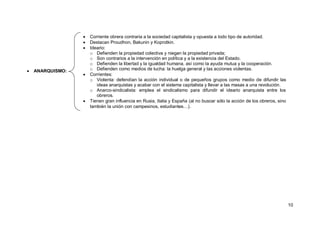 10
 ANARQUISMO:
 Corriente obrera contraria a la sociedad capitalista y opuesta a todo tipo de autoridad.
 Destacan Proudhon, Bakunin y Koprotkin.
 Ideario:
o Defienden la propiedad colectiva y niegan la propiedad privada;
o Son contrarios a la intervención en política y a la existencia del Estado.
o Defienden la libertad y la igualdad humana, así como la ayuda mutua y la cooperación.
o Defienden como medios de lucha: la huelga general y las acciones violentas.
 Corrientes:
o Violenta: defendían la acción individual o de pequeños grupos como medio de difundir las
ideas anarquistas y acabar con el sistema capitalista y llevar a las masas a una revolución.
o Anarco-sindicalista: emplea el sindicalismo para difundir el ideario anarquista entre los
obreros.
 Tienen gran influencia en Rusia, Italia y España (al no buscar sólo la acción de los obreros, sino
también la unión con campesinos, estudiantes…).
 