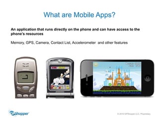 What are Mobile Apps?An application that runs directly on the phone and can have access to the phone’s resourcesMemory, GPS, Camera, Contact List, Accelerometer  and other features