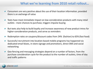 Women more interested in groceries, beauty & fashion, men in electronics, bars, sportsAlmost equal interest in restaurants, fast food, travel, healthSource: Placecast The Alert Shopper II, Harris Poll, July 2010