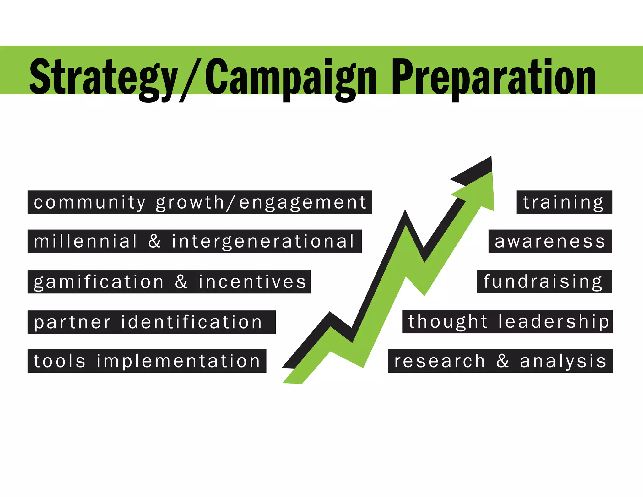 Strategy/Campaign Preparation

community growth/engagement                   training

millennial & intergenerational            aw a r e n e s s

gamification & incentives                fundraising

par tner identification           thought leadership

tools implementation             research & analysis
 