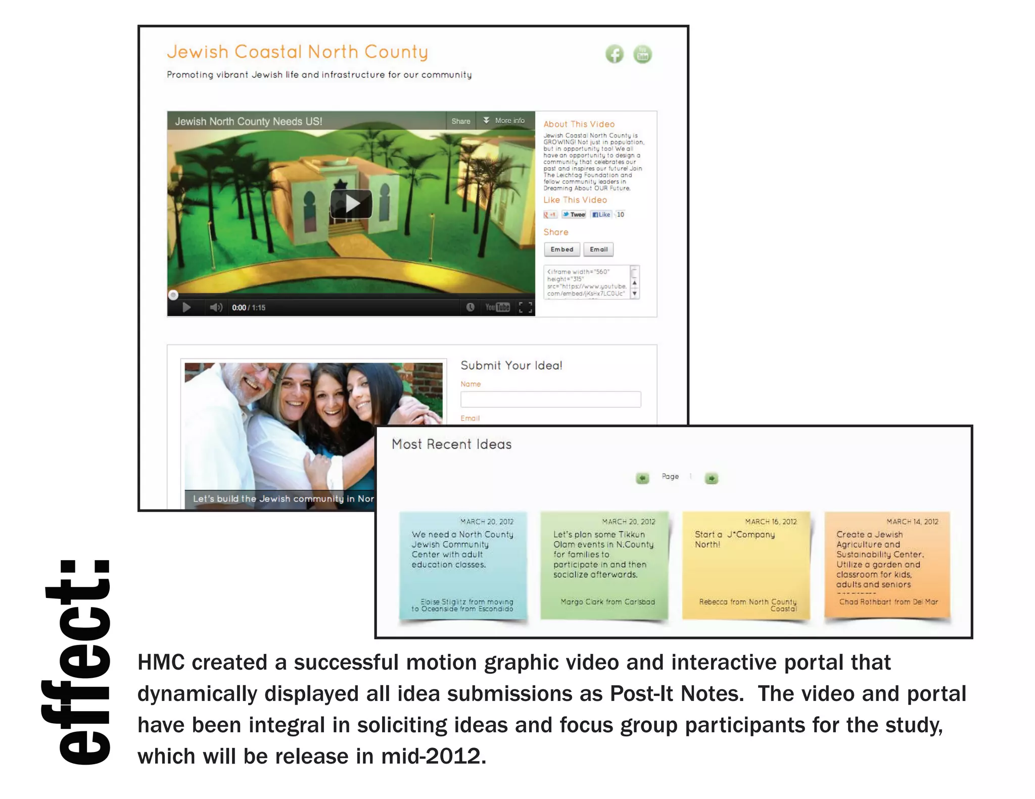 effect:




          HMC created a successful motion graphic video and interactive portal that
          dynamically displayed all idea submissions as Post-It Notes. The video and portal
          have been integral in soliciting ideas and focus group participants for the study,
          which will be release in mid-2012.
 