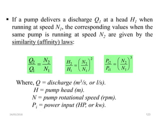  If a pump delivers a discharge Q1 at a head H1 when
running at speed N1, the corresponding values when the
same pump is running at speed N2 are given by the
similarity (affinity) laws:
Q
Q
N
N
2
1
2
1
 H
H
N
N
2
1
2
1
2







P
P
N
N
i
i
2
1
2
1
3







Where, Q = discharge (m3/s, or l/s).
H = pump head (m).
N = pump rotational speed (rpm).
Pi = power input (HP, or kw).
24/05/2018 123
 