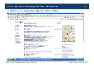 März.2011 | Kommunikation 2.0 - Hans Herrmann © HMC Market Consulting | 12
| HMCStatus der Kommunikation (Reifen- und Kfz-Service)
In Suchmaschinen präsent sein. Regionale Kommunikation.
 