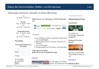 März.2011 | Kommunikation 2.0 - Hans Herrmann © HMC Market Consulting | 14
| HMCStatus der Kommunikation (Reifen- und Kfz-Service)
Volkswagen-Autohaus: Komplett im Online-Marketing.
 