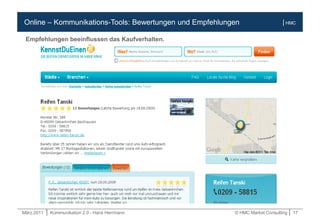 März.2011 | Kommunikation 2.0 - Hans Herrmann © HMC Market Consulting | 17
| HMCOnline – Kommunikations-Tools: Bewertungen und Empfehlungen
Empfehlungen beeinflussen das Kaufverhalten.
 