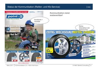 März.2011 | Kommunikation 2.0 - Hans Herrmann © HMC Market Consulting | 8
| HMCStatus der Kommunikation (Reifen- und Kfz-Service)
Kommunikation meist
austauschbar!
Facebook +
Youtube
Keine
Interaktion mit
Verbraucher
 