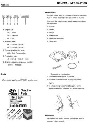 Replacement
Standard values, such as torques and certain adjustments,
If removed, the following parts should always be replaced
6
Parts Depending on their location.
When replacing parts, use HYUNDAI genuine parts.
of parts.
9. Specified oil or grease should be applied to the
Adjustment
Use gauges and testers to adjust correclty the parts to
standard values correctly
- 6 : 4 cycle 6 cylinder
- 000001 ~ 999999
prescribed locations (oil seals, etc) before assembly.
- KB : 2.4L Theta engine
5. Production year
- 7 : 2007, 8 : 2008, 9 : 2009
6. Engine production sequence number
GENERAL INFORMATION
General
must be strictly observed in the reassembly of all parts
with new ones.
1. Oil seals
2. Gaskets
3. O-rings
- L : LPG
2. Engine range
- 4 : 4 cycle 4 cylinder
3. Engine development order
- G : Gasoline
1. Engine fuel
- D : Diesel
4. Lock washers
5. Cotter pins (split pins)
6. Plastic nuts
8. Oil should be applied to the moving components
7. Sealant should be applied to gaskets.
4 K B 9L 000001
2 3 4 51 6
4 K B 9L
 