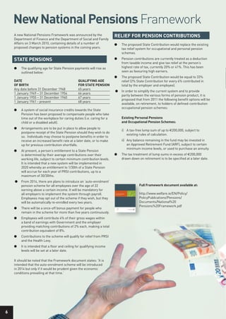 new national Pensions Framework
    A new National Pensions Framework was announced by the               rEliEf for PEnSion ConTribuTionS
    Department of Finance and the Department of Social and Family
    Affairs on 3 March 2010, containing details of a number of           l   The proposed State Contribution would replace the existing
    proposed changes to pension systems in the coming years.                 tax relief system for occupational and personal pension
                                                                             schemes.

    STATE PEnSionS                                                       l   Pension contributions are currently treated as a deduction
                                                                             from taxable income and give tax relief at the person’s
    l   The qualifying age for State Pension payments will rise as           highest rate of tax, currently 20% or 41%. This has been
        outlined below:                                                      seen as favouring high earners.
                                                                         l   The proposed State Contribution would be equal to 33%
    dATE                                        quAlifying AgE               relief (2% State Contribution for every 6% contributed in
    of birTh                                    for STATE PEnSion            total by the employer and employee).
    Any date before 31 December 1948            65 years
                                                                         l   In order to simplify the current system and to provide
    1 January 1949 – 31 December 1954           66 years
                                                                             parity between the various forms of pension product, it is
    1 January 1955 – 31 December 1960           67 years
                                                                             proposed that from 2011 the following benefit options will be
    1 January 1961 - present                    68 years
                                                                             available, on retirement, to holders of defined-contribution
                                                                             occupational pension schemes:
    l   A system of social insurance credits towards the State
        Pension has been proposed to compensate people who take
        time out of the workplace for caring duties (i.e. caring for a       Existing Personal Pensions
        child or a disabled adult).                                          and occupational Pension Schemes:
    l   Arrangements are to be put in place to allow people to
                                                                             i) A tax-free lump sum of up to €200,000, subject to
        postpone receipt of the State Pension should they wish to do
                                                                                existing rules of calculation.
        so. Individuals may choose to postpone benefits in order to
        receive an increased benefit rate at a later date, or to make        ii) Any balance remaining in the fund may be invested in
        up for previous contribution shortfalls.                                 an Approved Retirement Fund (ARF), subject to certain
                                                                                 minimum income levels, or used to purchase an annuity.
    l   At present, a person’s entitlement to a State Pension
        is determined by their average contributions over their          l   The tax treatment of lump sums in excess of €200,000
        working life, subject to certain minimum contribution levels.        drawn down on retirement is to be specified at a later date.
        It is intended that a new system will be implemented in
        2020 whereby an entitlement to 1/30th of a State Pension
        will accrue for each year of PRSI contributions, up to a
        maximum of 30/30ths.
    l   From 2014, there are plans to introduce an ‘auto-enrolment’
        pension scheme for all employees over the age of 22                              full framework document available at:
        earning above a certain income. It will be mandatory for
        all employers to implement the system through payroll.                           http://www.welfare.ie/EN/Policy/
        Employees may opt out of the scheme if they wish, but they                       PolicyPublications/Pensions/
        will be automatically re-enrolled every two years.                               Documents/National%20
                                                                                         Pensions%20Framework.pdf
    l   There will be a once-off bonus payment for people who
        remain in the scheme for more than five years continuously.
    l   Employees will contribute 4% of their gross wages within
        a band of earnings with Government and the employer
        providing matching contributions of 2% each, making a total
        contribution equivalent of 8%.
    l   Contributions to the scheme will qualify for relief from PRSI
        and the Health Levy.
    l   It is intended that a ﬂoor and ceiling for qualifying income
        levels will be set at a later date.

    It should be noted that the Framework document states: ‘It is
    intended that the auto-enrolment scheme will be introduced
    in 2014 but only if it would be prudent given the economic
    conditions prevailing at that time.’




6
 