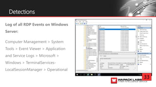 Log of all RDP Events on Windows
Server:
Computer Management > System
Tools > Event Viewer > Application
and Service Logs > Microsoft >
Windows > TerminalServices-
LocalSessionManager > Operational
Detections
33
 
