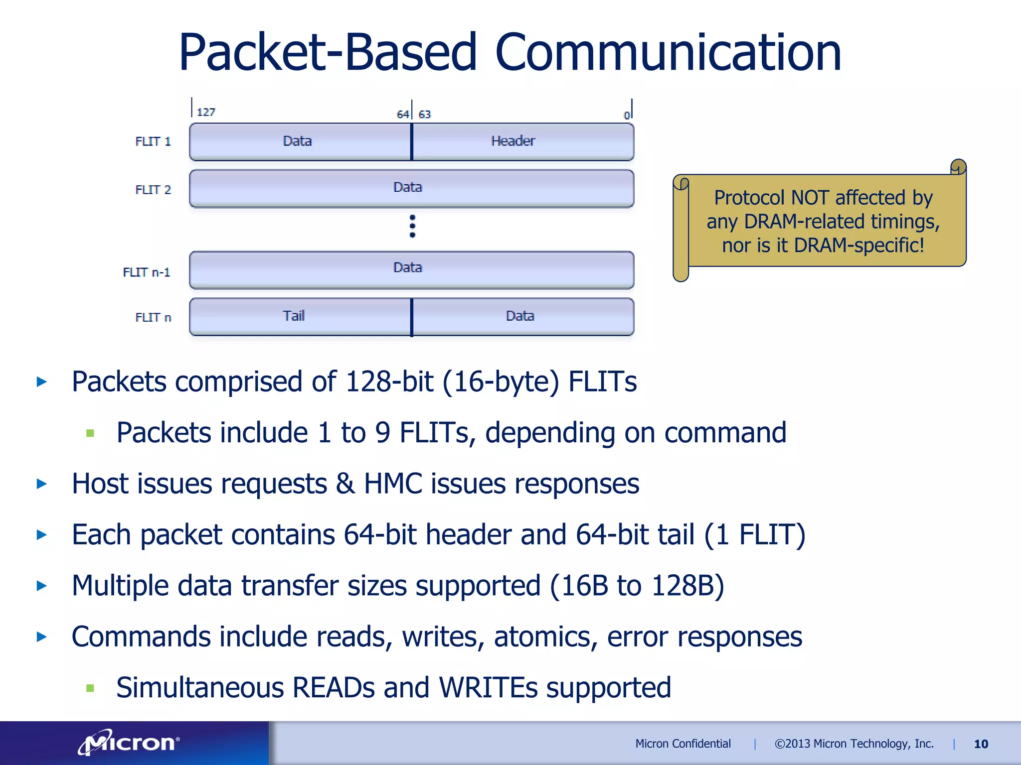 Packet-Based Communication
Protocol NOT affected by
any DRAM-related timings,
nor is it DRAM-specific!

▶ Packets comprised of 128-bit (16-byte) FLITs
 Packets include 1 to 9 FLITs, depending on command
▶ Host issues requests & HMC issues responses
▶ Each packet contains 64-bit header and 64-bit tail (1 FLIT)
▶ Multiple data transfer sizes supported (16B to 128B)
▶ Commands include reads, writes, atomics, error responses
 Simultaneous READs and WRITEs supported
Micron Confidential

|

©2013 Micron Technology, Inc.

|

10

 