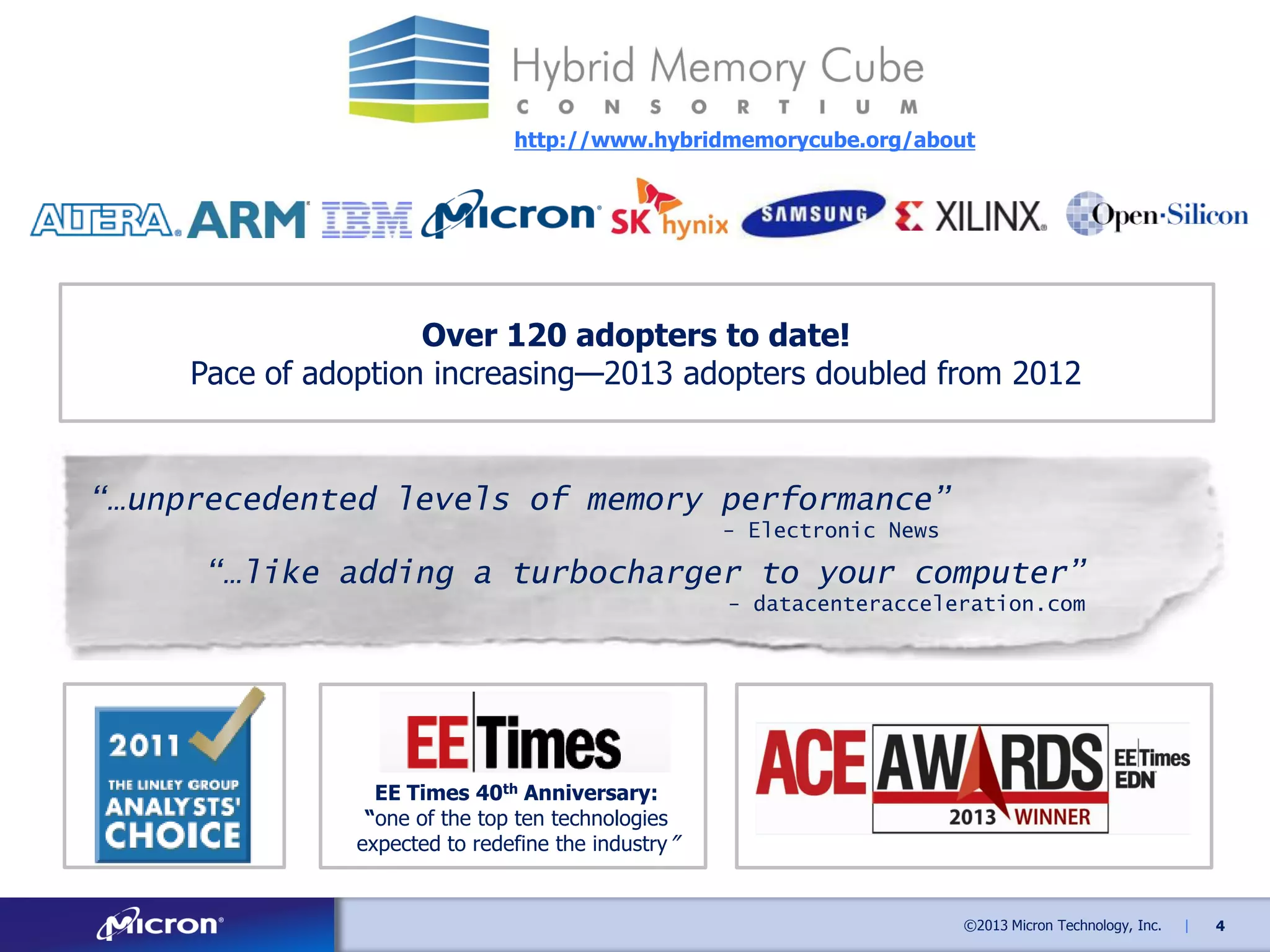 http://www.hybridmemorycube.org/about

Over 120 adopters to date!
Pace of adoption increasing—2013 adopters doubled from 2012

“…unprecedented levels of memory performance”
- Electronic News

“…like adding a turbocharger to your computer”
- datacenteracceleration.com

EE Times 40th Anniversary:
“one of the top ten technologies
expected to redefine the industry‖

©2013 Micron Technology, Inc.

|

4

 