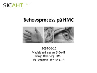 Behovsprocess 
på 
HMC 
2014-­‐06-­‐10 
Madelene 
Larsson, 
SICAHT 
Bengt 
Dahlberg, 
HMC 
Eva 
Bergman 
OCosson, 
LtB 
 