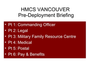HMCS VANCOUVER  Pre-Deployment Briefing ,[object Object],[object Object],[object Object],[object Object],[object Object],[object Object]
