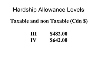 Hardship Allowance Levels Taxable and non Taxable (Cdn $) III $482.00 IV $642.00 