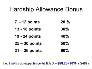 Hardship Allowance Bonus 7  - 12 points 20 % 13 - 18 points 30% 19 - 24 points 40% 25 – 30 points 50% 31 – 36 points 60% i.e. 7 mths op experience @ HA 3 = $88.20 (20% x $482) 