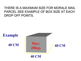 THERE IS A MAXIMUM SIZE FOR MORALE MAIL
PARCEL SEE EXAMPLE OF BOX SIZE AT EACH
DROP OFF POINTS.




Example

  40 CM       Max:
                           60 CM
              20Kgs

              40 CM
 