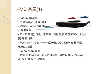 HMD 용도(1)
 Virtual Reality
- 3D Design, 각종 설계
- VR Contents, VR Games
 개인오락
- TV(유 무선), 게임, 컴퓨터, 개인전용 극장(DVD, Video
등)의 모니터
- PDA, MP4, Cell-Phone(DMB, VOD Service를 위한
확장모니터)
 교육, 학습, 훈련
- 인터넷 등의 On-Line 원격교육, 어학실습, 전자도서
관, 도서실 등의 공부방
 