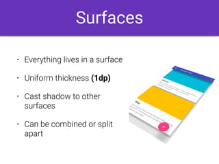 Surfaces
• Everything lives in a surface
• Uniform thickness (1dp)
• Cast shadow to other
surfaces
• Can be combined or split
apart
 