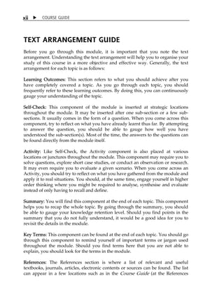  COURSE GUIDExii
TEXT ARRANGEMENT GUIDE
Before you go through this module, it is important that you note the text
arrangement. Understanding the text arrangement will help you to organise your
study of this course in a more objective and effective way. Generally, the text
arrangement for each topic is as follows:
Learning Outcomes: This section refers to what you should achieve after you
have completely covered a topic. As you go through each topic, you should
frequently refer to these learning outcomes. By doing this, you can continuously
gauge your understanding of the topic.
Self-Check: This component of the module is inserted at strategic locations
throughout the module. It may be inserted after one sub-section or a few sub-
sections. It usually comes in the form of a question. When you come across this
component, try to reflect on what you have already learnt thus far. By attempting
to answer the question, you should be able to gauge how well you have
understood the sub-section(s). Most of the time, the answers to the questions can
be found directly from the module itself.
Activity: Like Self-Check, the Activity component is also placed at various
locations or junctures throughout the module. This component may require you to
solve questions, explore short case studies, or conduct an observation or research.
It may even require you to evaluate a given scenario. When you come across an
Activity, you should try to reflect on what you have gathered from the module and
apply it to real situations. You should, at the same time, engage yourself in higher
order thinking where you might be required to analyse, synthesise and evaluate
instead of only having to recall and define.
Summary: You will find this component at the end of each topic. This component
helps you to recap the whole topic. By going through the summary, you should
be able to gauge your knowledge retention level. Should you find points in the
summary that you do not fully understand, it would be a good idea for you to
revisit the details in the module.
Key Terms: This component can be found at the end of each topic. You should go
through this component to remind yourself of important terms or jargon used
throughout the module. Should you find terms here that you are not able to
explain, you should look for the terms in the module.
References: The References section is where a list of relevant and useful
textbooks, journals, articles, electronic contents or sources can be found. The list
can appear in a few locations such as in the Course Guide (at the References
 