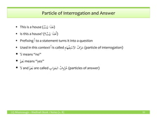 Particle of Interrogation and Answer
This is a house ( ٌ‫ت‬ْ‫ي‬َ‫ب‬ ‫ا‬َ‫ذ‬َ‫ه‬)
Is this a house? (‫؟‬ ٌ‫ت‬ْ‫ي‬َ‫ب‬ ‫ا‬َ‫ذ‬َ‫ه‬َٔ‫ا‬)
Prefixing َٔ‫ا‬ to a statement turns it into a question
Used in this context َٔ‫ا‬ is called ِ‫م‬‫ا‬َ‫ه‬ْ‫ف‬ِ‫ت‬ْ‫س‬ِ‫الا‬ ُ‫ف‬ْ‫ر‬َ‫ح‬ (particle of interrogation)
‫لا‬ means “no”
ْ‫م‬َ‫ع‬َ‫ن‬ means “yes”
LQ Mississauga – Madinah Book 1 Notes (v. 8) 10
ْ‫م‬َ‫ع‬َ‫ن‬ means “yes”
‫لا‬ and ْ‫م‬َ‫ع‬َ‫ن‬ are called ِ‫اب‬َ‫و‬َ‫الج‬ ُ‫وف‬ُ‫ر‬ُ‫ح‬ (particles of answer)
 
