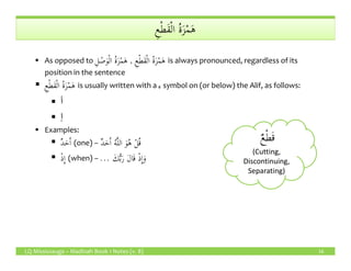 ِ‫ع‬ْ‫ط‬َ‫ق‬ْ‫ل‬‫ا‬ ُ‫ة‬َ‫ز‬ْ‫م‬َ‫ه‬ِ‫ع‬ْ‫ط‬َ‫ق‬ْ‫ل‬‫ا‬ ُ‫ة‬َ‫ز‬ْ‫م‬َ‫ه‬
As opposed to ِ‫ل‬ ْ‫ص‬َ‫و‬ْ‫ل‬‫ا‬ ُ‫ة‬َ‫ز‬ْ‫م‬َ‫ه‬ , ِ‫ع‬ْ‫ط‬َ‫ق‬ْ‫ل‬‫ا‬ ُ‫ة‬َ‫ز‬ْ‫م‬َ‫ه‬ is always pronounced, regardless of its
position in the sentence
ِ‫ع‬ْ‫ط‬َ‫ق‬ْ‫ل‬‫ا‬ ُ‫ة‬َ‫ز‬ْ‫م‬َ‫ه‬ is usually written with a ‫ء‬ symbol on (or below) the Alif, as follows:
‫أ‬
‫إ‬
Examples:
ٌ‫د‬َ‫ح‬َٔ‫ا‬ ُ‫ه‬َّ‫ل‬‫ال‬ َ‫و‬ُ‫ه‬ ْ‫ل‬ُ‫ق‬ ٌ‫ع‬ْ‫ط‬َ‫ق‬
LQ Mississauga – Madinah Book 1 Notes (v. 8) 16
ٌ‫د‬َ‫ح‬َٔ‫ا‬ (one) – ٌ‫د‬َ‫ح‬َٔ‫ا‬ ُ‫ه‬َّ‫ل‬‫ال‬ َ‫و‬ُ‫ه‬ ْ‫ل‬ُ‫ق‬
ْ‫ذ‬ِٕ‫ا‬ (when) – َ‫ك‬ُّ‫ب‬َ‫ر‬ َ‫ل‬‫ا‬َ‫ق‬ ْ‫ذ‬ِٕ‫ا‬َ‫و‬...
ٌ‫ع‬ْ‫ط‬َ‫ق‬
(Cutting,
Discontinuing,
Separating)
 