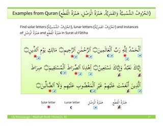 ُ‫ة‬َّ‫ي‬ِ‫ر‬َ‫م‬َ‫ق‬‫ال‬َ‫و‬ ُ‫ة‬َّ‫ي‬ِ‫س‬ْ‫م‬َّ‫الش‬ ُ‫وف‬ُ‫ر‬ُ‫الح‬ِ‫ل‬ ْ‫ص‬َ‫و‬ْ‫ل‬‫ا‬ ُ‫ة‬َ‫ز‬ْ‫م‬َ‫ه‬ِ‫ع‬ْ‫ط‬َ‫ق‬ْ‫ل‬‫ا‬ ُ‫ة‬َ‫ز‬ْ‫م‬َ‫ه‬Examples from Quran ( ُ‫ة‬َّ‫ي‬ِ‫ر‬َ‫م‬َ‫ق‬‫ال‬َ‫و‬ ُ‫ة‬َّ‫ي‬ِ‫س‬ْ‫م‬َّ‫الش‬ ُ‫وف‬ُ‫ر‬ُ‫الح‬,ِ‫ل‬ ْ‫ص‬َ‫و‬ْ‫ل‬‫ا‬ ُ‫ة‬َ‫ز‬ْ‫م‬َ‫ه‬,ِ‫ع‬ْ‫ط‬َ‫ق‬ْ‫ل‬‫ا‬ ُ‫ة‬َ‫ز‬ْ‫م‬َ‫ه‬ )
َ‫ٱ‬ِ‫ه‬َّ‫ل‬ِ‫ل‬ ُ‫د‬ْ‫م‬َ‫ح‬ْ‫ل‬ِّ‫ب‬َ‫ر‬‫ٱ‬‫۝‬َ‫ين‬ِ‫م‬َ‫ل‬‫ا‬َ‫ع‬ْ‫ل‬‫ٱ‬َٰ‫م‬ْ‫ح‬َّ‫ر‬‫ل‬ِ‫ن‬‫ٱ‬ِ‫م‬‫ي‬ ِ‫ح‬َّ‫ر‬‫ل‬ِ‫ك‬ِ‫ل‬‫ا‬َ‫م‬ ‫۝‬ِ‫م‬ْ‫و‬َ‫ي‬‫ٱ‬ِ‫ِّين‬‫د‬‫ل‬‫۝‬
ُ‫د‬ُ‫ب‬ْ‫ع‬َ‫ن‬ َ‫ك‬‫ا‬َّ‫ي‬ِٕ‫ا‬ُ‫ن‬‫ي‬ِ‫ع‬َ‫ت‬ْ‫َس‬‫ن‬ َ‫ك‬‫ا‬َّ‫ي‬ِٕ‫ا‬َ‫و‬‫۝‬ِ‫ٱ‬‫َا‬‫ن‬ِ‫د‬ْ‫ه‬‫ٱ‬َ‫اط‬َ‫ر‬ ِّ‫لص‬‫ٱ‬َ‫م‬‫ي‬ِ‫ق‬َ‫ت‬ْ‫س‬ُ‫م‬ْ‫ل‬َ‫اط‬َ‫ر‬ِ‫ص‬ ‫۝‬
Find solar letters (ُ‫ة‬‫ـ‬َّ‫ي‬ ِ‫س‬ْ‫م‬َّ‫الش‬ ُ‫وف‬ُ‫ر‬ُ‫الح‬), lunar letters (ُ‫ة‬‫ـ‬َّ‫ي‬ِ‫ر‬َ‫م‬َ‫ق‬‫ال‬ ُ‫وف‬ُ‫ر‬ُ‫الح‬) and instances
of ِ‫ل‬ ْ‫ص‬َ‫و‬ْ‫ل‬‫ا‬ ُ‫ة‬َ‫ز‬ْ‫م‬َ‫ه‬ and ِ‫ع‬ْ‫ط‬َ‫ق‬ْ‫ل‬‫ا‬ ُ‫ة‬َ‫ز‬ْ‫م‬َ‫ه‬ in Surat ul-Fâtiha
LQ Mississauga – Madinah Book 1 Notes (v. 8) 17
ُ‫د‬ُ‫ب‬ْ‫ع‬َ‫ن‬ َ‫ك‬‫ا‬َّ‫ي‬ِٕ‫ا‬ُ‫ن‬‫ي‬ِ‫ع‬َ‫ت‬ْ‫َس‬‫ن‬ َ‫ك‬‫ا‬َّ‫ي‬ِٕ‫ا‬َ‫و‬‫۝‬ِ‫ٱ‬‫َا‬‫ن‬ِ‫د‬ْ‫ه‬‫ٱ‬َ‫اط‬َ‫ر‬ ِّ‫لص‬‫ٱ‬َ‫م‬‫ي‬ِ‫ق‬َ‫ت‬ْ‫س‬ُ‫م‬ْ‫ل‬َ‫اط‬َ‫ر‬ِ‫ص‬ ‫۝‬
‫ٱ‬ْ‫م‬ِ‫ه‬ْ‫ي‬َ‫ل‬َ‫ع‬ َ‫ت‬ْ‫م‬َ‫ع‬ْ‫ن‬َٔ‫ا‬ َ‫ين‬ِ‫ذ‬َّ‫ل‬ِ‫ر‬ْ‫ي‬َ‫غ‬‫ٱ‬‫ا‬َ‫ل‬َ‫و‬ ‫م‬ِ‫ه‬ْ‫ي‬َ‫ل‬َ‫ع‬ ِ‫وب‬ ُ‫ض‬ْ‫غ‬َ‫م‬ْ‫ل‬‫ٱ‬َ‫ين‬ِّ‫ل‬‫ا‬ َّ‫لض‬‫۝‬
Solar letter ِ‫ل‬ ْ‫ص‬َ‫و‬ْ‫ل‬‫ا‬ ُ‫ة‬َ‫ز‬ْ‫م‬َ‫ه‬Lunar letter ِ‫ع‬ْ‫ط‬َ‫ق‬ْ‫ل‬‫ا‬ ُ‫ة‬َ‫ز‬ْ‫م‬َ‫ه‬
 