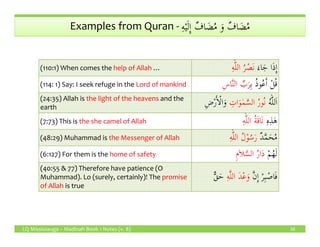 ِ‫ه‬ْ‫ي‬َ‫ل‬ِٕ‫ا‬ ٌ‫اف‬ َ‫ض‬ُ‫م‬ َ‫و‬ ٌ‫اف‬ َ‫ض‬ُ‫م‬Examples from Quran - ِ‫ه‬ْ‫ي‬َ‫ل‬ِٕ‫ا‬ ٌ‫اف‬ َ‫ض‬ُ‫م‬ َ‫و‬ ٌ‫اف‬ َ‫ض‬ُ‫م‬
(110:1) When comes the help of Allah … َ‫اء‬َ‫ج‬ ‫ا‬َ‫ذ‬ِٕ‫ا‬‫الل‬ ُ‫ر‬ ْ‫َص‬‫ن‬ِ‫ه‬
(114: 1) Say: I seek refuge in the Lord of mankind ِ‫ب‬ ُ‫ذ‬‫و‬ُ‫ع‬َٔ‫ا‬ ْ‫ل‬ُ‫ق‬ِ‫س‬‫ا‬َّ‫ن‬‫ال‬ ِّ‫ب‬َ‫ر‬
(24:35) Allah is the light of the heavens and the
earth
‫لل‬َ‫ا‬ُ‫ه‬ٰ‫م‬َّ‫الس‬ ُ‫ر‬‫ُو‬‫ن‬ِ‫ات‬َ‫و‬ِ‫ض‬ْ‫ر‬َٔ‫ا‬ْ‫ل‬‫ا‬َ‫و‬
(7:73) This is the she camel of Allah ِ‫ه‬ِ‫ذ‬َ‫ه‬‫الل‬ ُ‫ة‬َ‫ق‬‫َا‬‫ن‬ِ‫ه‬
LQ Mississauga – Madinah Book 1 Notes (v. 8) 28
(7:73) This is the she camel of Allah ِ‫ه‬ِ‫ذ‬َ‫ه‬‫الل‬ ُ‫ة‬َ‫ق‬‫َا‬‫ن‬ِ‫ه‬
(48:29) Muhammad is the Messenger of Allah ٌ‫د‬َّ‫م‬َ‫ح‬ُ‫م‬‫الل‬ ُ‫ل‬ْ‫و‬ُ‫س‬َ‫ر‬ِ‫ه‬
(6:127) For them is the home of safety ْ‫م‬ُ‫ه‬َ‫ل‬ِ‫م‬َ‫ا‬‫ل‬َّ‫الس‬ ُ‫ر‬‫ا‬َ‫د‬
(40:55 & 77) Therefore have patience (O
Muhammad). Lo (surely, certainly)! The promise
of Allah is true
َّ‫ن‬ِٕ‫ا‬ ْ‫ر‬ِ‫ب‬ ْ‫اص‬َ‫ف‬ِ‫ه‬َّ‫ل‬‫ال‬ َ‫د‬ْ‫ع‬َ‫و‬ٌّ‫ق‬َ‫ح‬
 