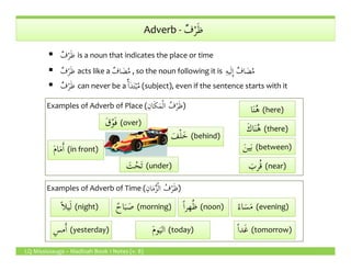 ٌ‫ف‬ْ‫ر‬َ‫ظ‬Adverb - ٌ‫ف‬ْ‫ر‬َ‫ظ‬
ِ‫ان‬َ‫ك‬َ‫م‬ْ‫ل‬‫ا‬ ُ‫ف‬ْ‫ر‬َ‫ظ‬Examples of Adverb of Place ( ِ‫ان‬َ‫ك‬َ‫م‬ْ‫ل‬‫ا‬ ُ‫ف‬ْ‫ر‬َ‫ظ‬)
ٌ‫ف‬ْ‫ر‬َ‫ظ‬ is a noun that indicates the place or time
ٌ‫ف‬ْ‫ر‬َ‫ظ‬ acts like a ٌ‫اف‬ َ‫ض‬ُ‫م‬ , so the noun following it is ٌ‫اف‬ َ‫ض‬ُ‫م‬ِ‫ه‬‫ي‬َ‫ل‬ِٕ‫ا‬
ٌ‫ف‬ْ‫ر‬َ‫ظ‬ can never be aٌٔ‫ا‬َ‫د‬َ‫ت‬ْ‫ب‬ُ‫م‬ (subject), even if the sentence starts with it
َ‫ف‬ْ‫ل‬َ‫خ‬َ‫ف‬ْ‫ل‬َ‫خ‬ (behind)
َ‫ك‬‫ا‬َ‫ن‬ُ‫ه‬َ‫ك‬‫ا‬َ‫ن‬ُ‫ه‬ (there)
‫ا‬َ‫ن‬ُ‫ه‬‫ا‬َ‫ن‬ُ‫ه‬ (here)
َ‫ق‬ْ‫و‬َ‫ف‬َ‫ق‬ْ‫و‬َ‫ف‬ (over)
LQ Mississauga – Madinah Book 1 Notes (v. 8)
َ‫ت‬ْ‫ح‬َ‫ت‬َ‫ت‬ْ‫ح‬َ‫ت‬ (under)
َ‫ف‬ْ‫ل‬َ‫خ‬َ‫ف‬ْ‫ل‬َ‫خ‬ (behind)
َ‫م‬‫ا‬َ‫م‬َٔ‫ا‬ (in front)
ِ‫ان‬َ‫م‬َّ‫ز‬ْ‫ل‬‫ا‬ ُ‫ف‬ْ‫ر‬َ‫ظ‬Examples of Adverb of Time ( ِ‫ان‬َ‫م‬َّ‫ز‬ْ‫ل‬‫ا‬ ُ‫ف‬ْ‫ر‬َ‫ظ‬)
َ‫ك‬‫ا‬َ‫ن‬ُ‫ه‬َ‫ك‬‫ا‬َ‫ن‬ُ‫ه‬
َ‫م‬‫و‬َ‫الي‬َ‫م‬‫و‬َ‫الي‬ (today)
َ‫رب‬ُ‫ق‬َ‫رب‬ُ‫ق‬ (near)
َ‫ين‬َ‫ب‬َ‫ين‬َ‫ب‬ (between)
ً‫ا‬‫د‬َ‫غ‬ (tomorrow)ِ‫س‬‫م‬َٔ‫ا‬ (yesterday)
ً‫ا‬‫يل‬َ‫ل‬ً‫ا‬‫يل‬َ‫ل‬ (night) ً‫اح‬َ‫ب‬ َ‫ص‬ً‫اح‬َ‫ب‬ َ‫ص‬ (morning) ً‫اء‬َ‫س‬َ‫م‬ً‫اء‬َ‫س‬َ‫م‬ (evening)ً‫ا‬‫هر‬ُ‫ظ‬ً‫ا‬‫هر‬ُ‫ظ‬ (noon)
 