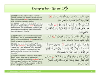Examples from Quran - ٌ‫ف‬ْ‫ر‬َ‫ظ‬
(16:88) Those who disbelieved and averted
[others] from the way of Allah - We will increase
them in punishment over [their] punishment for
what corruption they were causing.
‫ا‬ً‫ب‬‫ا‬َ‫ذ‬َ‫ع‬ ْ‫م‬ُ‫ه‬‫َا‬‫ن‬ْ‫د‬ِ‫ز‬ ِ‫ه‬‫ـ‬َّ‫ل‬‫ال‬ ِ‫يل‬ِ‫ب‬َ‫س‬ ‫ن‬َ‫ع‬ ‫ُّوا‬‫د‬ َ‫ص‬َ‫و‬ ‫وا‬ُ‫َر‬‫ف‬َ‫ك‬ َ‫ين‬ِ‫ذ‬َّ‫ل‬‫ا‬َ‫ق‬ْ‫و‬َ‫ف‬
‫﴿النحل‬ َ‫ن‬‫ُو‬‫د‬ِ‫س‬ْ‫ف‬ُ‫ي‬ ‫ُوا‬‫ن‬‫َا‬‫ك‬ ‫ا‬َ‫م‬ِ‫ب‬ ِ‫اب‬َ‫ذ‬َ‫ع‬ْ‫ل‬‫ا‬:٨٨﴾
(48:18) Allah was pleased with the believers when
they swore allegiance to you under the tree and
He knew what was in their hearts. Therefore, He
sent down tranquility upon them and rewarded
them with a victory close by.
َ‫َك‬‫ن‬‫و‬ُ‫ع‬ِ‫ي‬‫ا‬َ‫ب‬ُ‫ي‬ ْ‫ذ‬ِٕ‫ا‬ َ‫ين‬ِ‫ن‬ِ‫م‬ْ‫ؤ‬ُ‫م‬ْ‫ل‬‫ا‬ ِ‫ن‬َ‫ع‬ ُ‫ه‬‫ـ‬َّ‫ل‬‫ال‬ َ‫ي‬ِ‫ض‬َ‫ر‬ ْ‫د‬َ‫ق‬َّ‫ل‬َ‫ت‬ْ‫ح‬َ‫ت‬ِ‫ة‬َ‫ر‬َ‫ج‬َّ‫الش‬
‫ا‬ً‫ِيب‬‫ر‬َ‫ق‬ ‫ا‬ً‫ح‬ْ‫ت‬َ‫ف‬ ْ‫م‬ُ‫ه‬َ‫ب‬‫َا‬‫ث‬َٔ‫ا‬َ‫و‬ ْ‫م‬ِ‫ه‬ْ‫ي‬َ‫ل‬َ‫ع‬ َ‫ة‬َ‫ن‬‫ي‬ِ‫ك‬َّ‫الس‬ َ‫ل‬َ‫ز‬‫ن‬َٔ‫ا‬َ‫ف‬ ْ‫م‬ِ‫ه‬ِ‫ب‬‫و‬ُ‫ل‬ُ‫ق‬ ‫ي‬ِ‫ف‬ ‫ا‬َ‫م‬ َ‫م‬ِ‫ل‬َ‫ع‬َ‫ف‬
‫﴿الفتح‬:١٨﴾
(4:159) And there is none from the People of the
Scripture but that he will surely believe in Jesus
before his death. And on the Day of Resurrection
ۖ ِ‫ه‬ِ‫ت‬ْ‫و‬َ‫م‬ َ‫ل‬ْ‫ب‬َ‫ق‬ ِ‫ه‬ِ‫ب‬ َّ‫ن‬َ‫ن‬ِ‫م‬ْ‫ؤ‬ُ‫ي‬َ‫ل‬ ‫ا‬َّ‫ل‬ِٕ‫ا‬ ِ‫اب‬َ‫ت‬ِ‫ك‬ْ‫ل‬‫ا‬ ِ‫ل‬ْ‫ه‬َٔ‫ا‬ ْ‫ن‬ِّ‫م‬ ‫ن‬ِٕ‫ا‬َ‫و‬َ‫م‬ْ‫و‬َ‫ي‬َ‫و‬ِ‫ة‬َ‫م‬‫ا‬َ‫ي‬ِ‫ق‬ْ‫ل‬‫ا‬
‫﴿النساء‬ ‫ًا‬‫د‬‫ي‬ِ‫ه‬َ‫ش‬ ْ‫م‬ِ‫ه‬ْ‫ي‬َ‫ل‬َ‫ع‬ ُ‫ن‬‫و‬ُ‫ك‬َ‫ي‬:١٥٩﴾
LQ Mississauga – Madinah Book 1 Notes (v. 8) 36
before his death. And on the Day of Resurrection
he will be against them a witness.
ۖ ِ‫ه‬ِ‫ت‬ْ‫و‬َ‫م‬ َ‫ل‬ْ‫ب‬َ‫ق‬ ِ‫ه‬ِ‫ب‬ َّ‫ن‬َ‫ن‬ِ‫م‬ْ‫ؤ‬ُ‫ي‬َ‫ل‬ ‫ا‬َّ‫ل‬ِٕ‫ا‬ ِ‫اب‬َ‫ت‬ِ‫ك‬ْ‫ل‬‫ا‬ ِ‫ل‬ْ‫ه‬َٔ‫ا‬ ْ‫ن‬ِّ‫م‬ ‫ن‬ِٕ‫ا‬َ‫و‬َ‫م‬ْ‫و‬َ‫ي‬َ‫و‬ِ‫ة‬َ‫م‬‫ا‬َ‫ي‬ِ‫ق‬ْ‫ل‬‫ا‬
‫﴿النساء‬ ‫ًا‬‫د‬‫ي‬ِ‫ه‬َ‫ش‬ ْ‫م‬ِ‫ه‬ْ‫ي‬َ‫ل‬َ‫ع‬ ُ‫ن‬‫و‬ُ‫ك‬َ‫ي‬:١٥٩﴾
(18:23-24) And never say of anything, "Indeed, I
will do that tomorrow," . Except [when adding],
"If Allah wills." And remember your Lord when
you forget [it] and say, "Perhaps my Lord will
guide me to what is nearer than this to right
conduct."
َ‫ك‬ِ‫ل‬َٰ‫ذ‬ ٌ‫ل‬ِ‫ع‬‫ا‬َ‫ف‬ ‫ِّي‬‫ن‬ِٕ‫ا‬ ٍ‫ء‬ْ‫ي‬َ‫ش‬ِ‫ل‬ َّ‫ن‬َ‫ل‬‫ُو‬‫ق‬َ‫ت‬ ‫ا‬َ‫ل‬َ‫و‬‫ًا‬‫د‬َ‫غ‬‫﴿الكهف‬:٢٣‫ا‬َّ‫ل‬ِٕ‫ا‬ ﴾
ِ‫ن‬َ‫ي‬ِ‫د‬ْ‫ه‬َ‫ي‬ ‫ن‬َٔ‫ا‬ ٰ‫ى‬َ‫س‬َ‫ع‬ ْ‫ل‬ُ‫ق‬َ‫و‬ َ‫يت‬ ِ‫َس‬‫ن‬ ‫ا‬َ‫ذ‬ِٕ‫ا‬ َ‫ك‬َّ‫ب‬َّ‫ر‬ ‫ُر‬‫ك‬ْ‫ذ‬‫ا‬َ‫و‬ ۚ ُ‫ه‬‫ـ‬َّ‫ل‬‫ال‬ َ‫اء‬َ‫ش‬َ‫ي‬ ‫ن‬َٔ‫ا‬
‫﴿الكهف‬ ‫ًا‬‫د‬َ‫ش‬َ‫ر‬ ‫ا‬َ‫ذ‬ٰ‫ـ‬َ‫ه‬ ْ‫ن‬ِ‫م‬ َ‫ب‬َ‫ر‬ْ‫ق‬َٔ‫ا‬ِ‫ل‬ ‫ي‬ِّ‫ب‬َ‫ر‬:٢٤﴾
(2:285) All of them have believed in Allah and His
angels and His books and His messengers,
[saying], "We make no distinction between any of
His messengers." And they say, "We hear and we
obey. [We seek] Your forgiveness, our Lord, and
to You is the [final] destination."
ُ‫ق‬ِّ‫ر‬َ‫ف‬ُ‫ن‬ ‫ا‬َ‫ل‬ ِ‫ه‬ِ‫ل‬ُ‫س‬ُ‫ر‬َ‫و‬ ِ‫ه‬ِ‫ب‬ُ‫ت‬ُ‫ك‬َ‫و‬ ِ‫ه‬ِ‫ت‬َ‫ك‬ِ‫ئ‬‫َا‬‫ل‬َ‫م‬َ‫و‬ ِ‫ه‬‫ـ‬َّ‫ل‬‫ال‬ِ‫ب‬ َ‫ن‬َ‫م‬ٓ‫ا‬ ٌّ‫ل‬ُ‫ك‬َ‫ن‬ْ‫ي‬َ‫ب‬‫ن‬ِّ‫م‬ ٍ‫د‬َ‫ح‬َٔ‫ا‬
ُ‫ير‬ِ‫ص‬َ‫م‬ْ‫ل‬‫ا‬ َ‫ك‬ْ‫ي‬َ‫ل‬ِٕ‫ا‬َ‫و‬ ‫ا‬َ‫ن‬َّ‫ب‬َ‫ر‬ َ‫َك‬‫ن‬‫ا‬َ‫ر‬ْ‫ف‬ُ‫غ‬ ۖ ‫ا‬َ‫ن‬ْ‫ع‬َ‫ط‬َٔ‫ا‬َ‫و‬ ‫ا‬َ‫ن‬ْ‫ع‬ِ‫م‬َ‫س‬ ‫وا‬ُ‫ل‬‫ا‬َ‫ق‬َ‫و‬ ۚ ِ‫ه‬ِ‫ل‬ُ‫س‬ُّ‫ر‬
‫﴿البقرة‬:٢٨٥﴾
 