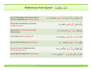 ٌ‫وت‬ُ‫ع‬ْ‫ن‬َ‫م‬َ‫و‬ ٌ‫ت‬ْ‫ع‬َ‫ن‬References from Quran - ٌ‫وت‬ُ‫ع‬ْ‫ن‬َ‫م‬َ‫و‬ ٌ‫ت‬ْ‫ع‬َ‫ن‬
(5:15) Undoubtedly, there has to come to
you from Allah light and a luminous Book.
َ‫و‬ ٌ‫ر‬‫ُو‬‫ن‬ ِ‫ه‬‫ـ‬َّ‫ل‬‫ال‬ َ‫ن‬ِّ‫م‬ ‫ُم‬‫ك‬َ‫اء‬َ‫ج‬ ْ‫د‬َ‫ق‬ٌ‫ن‬‫ي‬ِ‫ب‬ُّ‫م‬ ٌ‫اب‬َ‫ت‬ِ‫ك‬‫﴿المائدة‬:١٥﴾
(68:4) And undoubtedly, you possess
excellent manners.
ٰ‫ى‬َ‫ل‬َ‫ع‬َ‫ل‬ َ‫َّك‬‫ن‬ِٕ‫ا‬َ‫و‬ٍ‫م‬‫ي‬ِ‫ظ‬َ‫ع‬ ٍ‫ق‬ُ‫ل‬ُ‫خ‬‫﴿القلم‬:٤﴾
(44:17) and an honourable Messenger
came to them.
ْ‫م‬ُ‫ه‬َ‫اء‬َ‫ج‬َ‫و‬ٌ‫م‬‫ِي‬‫ر‬َ‫ك‬ ٌ‫ل‬‫و‬ُ‫س‬َ‫ر‬‫﴿الدخان‬:١٧﴾
(1:6) Guide us in the straight path. ‫َا‬‫ن‬ِ‫د‬ْ‫ه‬‫ا‬َ‫م‬‫ي‬ِ‫ق‬َ‫ت‬ْ‫س‬ُ‫م‬ْ‫ل‬‫ا‬ َ‫اط‬َ‫ر‬ ِّ‫الص‬﴿‫الفاتحة‬:٦﴾
LQ Mississauga – Madinah Book 1 Notes (v. 8) 40
(1:6) Guide us in the straight path. ‫َا‬‫ن‬ِ‫د‬ْ‫ه‬‫ا‬َ‫م‬‫ي‬ِ‫ق‬َ‫ت‬ْ‫س‬ُ‫م‬ْ‫ل‬‫ا‬ َ‫اط‬َ‫ر‬ ِّ‫الص‬﴿‫الفاتحة‬:٦﴾
(45:10) And for them is a great torment. ْ‫م‬ُ‫ه‬َ‫ل‬َ‫و‬ٌ‫م‬‫ي‬ِ‫ظ‬َ‫ع‬ ٌ‫اب‬َ‫ذ‬َ‫ع‬﴿‫الجاثية‬:١٠﴾
(8:274) For them is forgiveness and
honourable provision.
َ‫و‬ ٌ‫ة‬َ‫ر‬ِ‫ف‬ْ‫غ‬َّ‫م‬ ‫م‬ُ‫ه‬َّ‫ل‬ٌ‫م‬‫ِي‬‫ر‬َ‫ك‬ ٌ‫ق‬ْ‫ز‬ِ‫ر‬‫نفال‬ٔ‫ا‬‫﴿ال‬:٧٤﴾
(61:13) help from Allah and a near victory ‫﴿الصف‬:١٣﴾ ِ‫ه‬‫ـ‬َّ‫ل‬‫ال‬ َ‫ن‬ِّ‫م‬ ٌ‫ر‬ ْ‫َص‬‫ن‬ٌ‫ِيب‬‫ر‬َ‫ق‬ ٌ‫ح‬ْ‫ت‬َ‫ف‬َ‫و‬ۗ◌
 