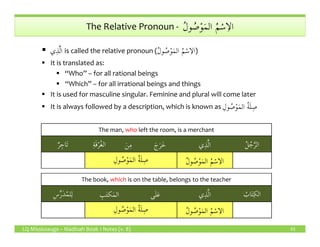 ُ‫ل‬‫و‬ ُ‫ص‬ْ‫و‬َ‫م‬‫ال‬ ُ‫م‬ْ‫س‬ِ‫الا‬The Relative Pronoun - ُ‫ل‬‫و‬ ُ‫ص‬ْ‫و‬َ‫م‬‫ال‬ ُ‫م‬ْ‫س‬ِ‫الا‬
‫ي‬ِ‫ذ‬َّ‫ل‬‫ا‬ is called the relative pronoun (ُ‫ل‬‫و‬ ُ‫ص‬ْ‫و‬َ‫م‬‫ال‬ ُ‫م‬ْ‫س‬ِ‫الا‬)
It is translated as:
“Who” – for all rational beings
“Which” – for all irrational beings and things
It is used for masculine singular. Feminine and plural will come later
It is always followed by a description, which is known as ِ‫ول‬ ُ‫ص‬ْ‫و‬َ‫م‬‫ال‬ ُ‫ة‬َ‫ل‬ِ‫ص‬
LQ Mississauga – Madinah Book 1 Notes (v. 8) 43
The man, who left the room, is a merchant
ٌ‫ر‬ِ‫اج‬َ‫ت‬ ِ‫ة‬َ‫ف‬ْ‫ر‬ُ‫غ‬‫ال‬ َ‫ن‬ِ‫م‬ َ‫ج‬َ‫ر‬َ‫خ‬ ‫ي‬ِ‫ذ‬َّ‫ل‬‫ا‬ ُ‫ل‬ُ‫ج‬َّ‫ر‬‫ال‬
ِ‫ول‬ ُ‫ص‬ْ‫و‬َ‫م‬‫ال‬ ُ‫ة‬َ‫ل‬ِ‫ص‬ ُ‫ل‬‫و‬ ُ‫ص‬ْ‫و‬َ‫م‬‫ال‬ ُ‫م‬ْ‫س‬ِ‫الا‬
The book, which is on the table, belongs to the teacher
ِ‫س‬ِّ‫ر‬َ‫د‬ُ‫م‬‫ل‬ِ‫ل‬ ِ‫ب‬َ‫ت‬‫ك‬َ‫م‬‫ال‬ ‫ى‬َ‫ل‬َ‫ع‬ ‫ي‬ِ‫ذ‬َّ‫ل‬‫ا‬ ُ‫اب‬َ‫ت‬ِ‫الك‬
ِ‫ول‬ ُ‫ص‬ْ‫و‬َ‫م‬‫ال‬ ُ‫ة‬َ‫ل‬ِ‫ص‬ ُ‫ل‬‫و‬ ُ‫ص‬ْ‫و‬َ‫م‬‫ال‬ ُ‫م‬ْ‫س‬ِ‫الا‬
 