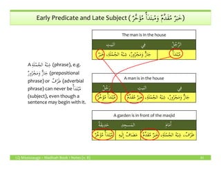 ٌ‫ر‬َّ‫خ‬َ‫ؤ‬ُ‫م‬ ٌٔ‫ا‬َ‫د‬َ‫ت‬‫ب‬ُ‫م‬َ‫و‬ ٌ‫م‬َّ‫د‬َ‫ق‬ُ‫م‬ ٌ‫ر‬َ‫ب‬َ‫خ‬Early Predicate and Late Subject ( ٌ‫ر‬َّ‫خ‬َ‫ؤ‬ُ‫م‬ ٌٔ‫ا‬َ‫د‬َ‫ت‬‫ب‬ُ‫م‬َ‫و‬ ٌ‫م‬َّ‫د‬َ‫ق‬ُ‫م‬ ٌ‫ر‬َ‫ب‬َ‫خ‬)
The man is in the house
ِ‫يت‬َ‫الب‬ ‫ي‬ِ‫ف‬ ُ‫ل‬ُ‫ج‬َّ‫ر‬‫ال‬
َ‫و‬ ٌّ‫ر‬‫ا‬َ‫ج‬ٌ‫ر‬َ‫ب‬َ‫خ‬ ،ِ‫ة‬َ‫ل‬ْ‫م‬ُ‫الج‬ ُ‫ه‬ْ‫ب‬ ِ‫ش‬ ،ٌ‫ر‬‫و‬ُ‫ر‬ْ‫ج‬َ‫م‬ ٌٔ‫ا‬َ‫د‬َ‫ت‬ْ‫ب‬ُ‫م‬
A man is in the house
ٌ‫ل‬ُ‫ج‬َ‫ر‬ ِ‫يت‬َ‫الب‬ ‫ي‬ِ‫ف‬
A ِ‫ة‬َ‫ل‬ْ‫م‬ُ‫الج‬ ُ‫ه‬ْ‫ب‬ ِ‫ش‬ (phrase), e.g.
ٌ‫ر‬‫و‬ُ‫ر‬ْ‫ج‬َ‫م‬َ‫و‬ ٌّ‫ر‬‫ا‬َ‫ج‬ (prepositional
phrase) or ٌ‫ف‬ْ‫ر‬َ‫ظ‬ (adverbial
ٌٔ‫ا‬َ‫د‬َ‫ت‬ْ‫ب‬ُ‫م‬
LQ Mississauga – Madinah Book 1 Notes (v. 8) 61
ٌ‫ل‬ُ‫ج‬َ‫ر‬ ِ‫يت‬َ‫الب‬ ‫ي‬ِ‫ف‬
ٌ‫ف‬ْ‫ر‬َ‫ظ‬
phrase) can never beٌٔ‫ا‬َ‫د‬َ‫ت‬ْ‫ب‬ُ‫م‬
(subject), even though a
sentence may begin with it.
ٌ‫ر‬َّ‫خ‬َ‫ؤ‬ُ‫م‬ ٌٔ‫ا‬َ‫د‬َ‫ت‬ْ‫ب‬ُ‫م‬ َ‫و‬ ٌّ‫ر‬‫ا‬َ‫ج‬ٌ‫م‬َّ‫د‬َ‫ق‬ُ‫م‬ ٌ‫ر‬َ‫ب‬َ‫خ‬ ،ِ‫ة‬َ‫ل‬ْ‫م‬ُ‫الج‬ ُ‫ه‬ْ‫ب‬ ِ‫ش‬ ،ٌ‫ر‬‫و‬ُ‫ر‬ْ‫ج‬َ‫م‬
A garden is in front of the masjid
ٌ‫ة‬َ‫ق‬‫ي‬ِ‫د‬َ‫ح‬ ِ‫د‬ ِ‫سج‬َ‫م‬‫ال‬ َ‫م‬‫ا‬َ‫م‬َٔ‫ا‬
ٌ‫ر‬َّ‫خ‬َ‫ؤ‬ُ‫م‬ ٌٔ‫ا‬َ‫د‬َ‫ت‬ْ‫ب‬ُ‫م‬ ٌ‫اف‬ َ‫ض‬َ‫م‬ِ‫ه‬‫ي‬َ‫ل‬ِٕ‫ا‬ ٌ‫ف‬ْ‫ر‬َ‫ظ‬ٌ‫م‬َّ‫د‬َ‫ق‬ُ‫م‬ ٌ‫ر‬َ‫ب‬َ‫خ‬ ،ِ‫ة‬َ‫ل‬ْ‫م‬ُ‫الج‬ ُ‫ه‬ْ‫ب‬ ِ‫ش‬ ،
 