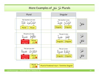 Singular
ٍ‫ل‬ِ‫ق‬‫ا‬َ‫ع‬ ُ‫ر‬ْ‫ي‬َ‫غ‬More Examples of ٍ‫ل‬ِ‫ق‬‫ا‬َ‫ع‬ ُ‫ر‬ْ‫ي‬َ‫غ‬ Plurals
ُ‫ير‬َ‫غ‬
ٍ‫ل‬ِ‫ق‬‫ا‬َ‫ع‬
ٌ‫د‬‫ي‬ِ‫د‬َ‫ج‬ ُ‫م‬َ‫ل‬َ‫ق‬‫ال‬ٌ‫ة‬َ‫د‬‫ي‬ِ‫د‬َ‫ج‬ ُ‫م‬‫َا‬‫ل‬ْ‫ق‬َٔ‫ا‬‫ال‬
The pen is newThe pens are new
Plural
ٌ‫ل‬ِ‫ق‬‫ا‬َ‫ع‬ٌ‫د‬‫ي‬ِ‫د‬َ‫ج‬ ُ‫س‬ِّ‫ر‬َ‫د‬ُ‫م‬‫ال‬
Singular
َ‫ن‬‫و‬ُ‫س‬ِّ‫ر‬َ‫د‬ُ‫م‬‫ال‬ٌ‫د‬ُ‫د‬ُ‫ج‬
Plural Plural Singular
The teacher is newThe teachers are new
LQ Mississauga – Madinah Book 1 Notes (v. 8) 68
ُ‫ير‬َ‫غ‬
ٍ‫ل‬ِ‫ق‬‫ا‬َ‫ع‬
ٌ‫د‬‫ي‬ِ‫د‬َ‫ج‬ ُ‫م‬َ‫ل‬َ‫ق‬‫ال‬
Singular
ٌ‫ة‬َ‫د‬‫ي‬ِ‫د‬َ‫ج‬ ُ‫م‬‫َا‬‫ل‬ْ‫ق‬َٔ‫ا‬‫ال‬
Feminine
Singular
Singular
ُ‫ير‬َ‫غ‬
ٍ‫ل‬ِ‫ق‬‫ا‬َ‫ع‬
ٌ‫ة‬َ‫د‬‫ي‬ِ‫د‬َ‫ج‬ ُ‫ة‬َ‫ر‬‫ا‬َّ‫ي‬َّ‫الس‬
Singular
ٌ‫ة‬َ‫د‬‫ي‬ِ‫د‬َ‫ج‬ ُ‫ات‬َ‫ر‬‫ا‬َّ‫ي‬َّ‫الس‬
Singular
The car is newThe cars are new
Plural
(ir)
Feminine
Singular
Plural
(ir)
Plural
(ir)
Plural of irrational noun = Feminine Singular
 