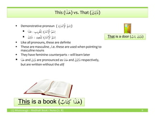‫ا‬َ‫ذ‬َ‫ه‬ َ‫ك‬ِ‫ل‬َ‫ذ‬This (‫ا‬َ‫ذ‬َ‫ه‬) vs. That ( َ‫ك‬ِ‫ل‬َ‫ذ‬)
ٌ‫اب‬َ‫ب‬ َ‫ك‬ِ‫ل‬َ‫ذ‬That is a door ( ٌ‫اب‬َ‫ب‬ َ‫ك‬ِ‫ل‬َ‫ذ‬)
Demonstrative pronoun ( ِ‫ة‬َ‫ر‬‫ا‬ َ‫ش‬ ِٕ‫ا‬ْ‫ل‬‫ا‬ ُ‫م‬ْ‫س‬ِ‫ا‬)
‫ا‬َ‫ذ‬َ‫ه‬ : ِ‫ِيب‬‫ر‬َ‫ق‬ْ‫ل‬ِ‫ل‬ ِ‫ة‬َ‫ر‬‫ا‬ َ‫ش‬ ِٕ‫ا‬ْ‫ل‬‫ا‬ ُ‫م‬ْ‫س‬ِ‫ا‬
َ‫ك‬ِ‫ل‬َ‫ذ‬ : ِ‫د‬‫ي‬ِ‫ع‬َ‫ب‬ْ‫ل‬ِ‫ل‬ ِ‫ة‬َ‫ر‬‫ا‬ َ‫ش‬ ِٕ‫ا‬ْ‫ل‬‫ا‬ ُ‫م‬ْ‫س‬ِ‫ا‬
Like all pronouns, these are definite
These are masculine , i.e. these are used when pointing to
masculine nouns
They have feminine counterparts – will learn later
‫ا‬َ‫ذ‬َ‫ه‬ and َ‫ك‬ِ‫ل‬َ‫ذ‬ are pronounced as ‫ا‬َ‫ذ‬‫ا‬َ‫ه‬ and َ‫ك‬ِ‫ال‬َ‫ذ‬ respectively,
LQ Mississauga – Madinah Book 1 Notes (v. 8) 8
This is a book ( ٌ‫اب‬َ‫ت‬ِ‫ك‬ ‫ا‬َ‫ذ‬َ‫ه‬)This is a book ( ٌ‫اب‬َ‫ت‬ِ‫ك‬ ‫ا‬َ‫ذ‬َ‫ه‬)
‫ا‬َ‫ذ‬َ‫ه‬ and َ‫ك‬ِ‫ل‬َ‫ذ‬ are pronounced as ‫ا‬َ‫ذ‬‫ا‬َ‫ه‬ and َ‫ك‬ِ‫ال‬َ‫ذ‬ respectively,
but are written without the alif
 