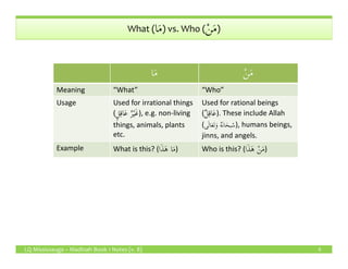 ‫ا‬َ‫م‬ ْ‫ن‬َ‫م‬What (‫ا‬َ‫م‬) vs. Who ( ْ‫ن‬َ‫م‬)
‫ا‬َ‫م‬ ْ‫ن‬َ‫م‬
Meaning “What” “Who”
Usage Used for irrational things
(ٍ‫ل‬ِ‫ق‬‫ا‬َ‫ع‬ ُ‫ر‬ْ‫ي‬َ‫غ‬), e.g. non-living
things, animals, plants
etc.
Used for rational beings
(ٌ‫ل‬ِ‫ق‬‫ا‬َ‫ع‬). These include Allah
(‫ى‬َ‫ل‬‫ا‬َ‫ع‬َ‫ت‬َ‫و‬ ُ‫ه‬َ‫ن‬‫ا‬َ‫بح‬ُ‫س‬), humans beings,
jinns, and angels.
LQ Mississauga – Madinah Book 1 Notes (v. 8) 9
etc. jinns, and angels.
Example What is this? (‫ا‬َ‫ذ‬َ‫ه‬ ‫ا‬َ‫م‬) Who is this? (‫ا‬َ‫ذ‬َ‫ه‬ ْ‫ن‬َ‫م‬)
 