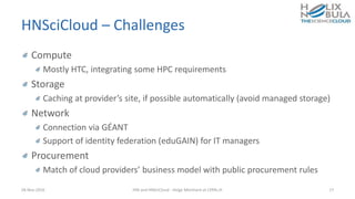 HNSciCloud – Challenges
Compute
Mostly HTC, integrating some HPC requirements
Storage
Caching at provider’s site, if possible automatically (avoid managed storage)
Network
Connection via GÉANT
Support of identity federation (eduGAIN) for IT managers
Procurement
Match of cloud providers’ business model with public procurement rules
28-Nov-2016 HNI and HNSciCloud - Helge Meinhard at CERN.ch 17
 