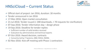 HNSciCloud – Current Status
Official start of project: Jan 2016, duration: 30 months
Tender announced in Jan 2016
17-Mar-2016: Open market consultation
21-Jul-2016: Tender issued (> 200 downloads, > 70 requests for clarification)
07-Sep-2016: Tender information day – design phase
19-Sep-2016: Deadline for tender replies
Sufficient number of valid tenders received
Evaluation by administrative and technical experts
07-Oct-2016: Award decision, contracts
Consortia led by T-Systems; IBM; RHEA; INDRA
02-Nov-2016: Kick-off meeting with Phase 1 contractors
28-Nov-2016 HNI and HNSciCloud - Helge Meinhard at CERN.ch 18
 