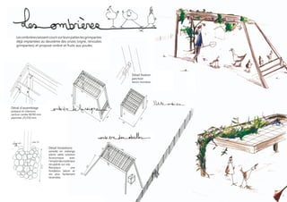 Les ombrières laissent courir sur leurs pattes les grimpantes
    déjà implantées au deuxième des onzes (vigne, renouées
    grimpantes) et propose ombre et fruits aux poules.




                                                                    Détail fixation
                                                                    perchoir:
                                                                    tenon-mortaise




Détail d’assemblage
poteaux et chevrons
section carrée 90/90 mm
planches 25/150 mm




                           Détail fondations:
                           semelle en mélange
                           pierre sable solution
                           économique        avec
                           l’emploi des matériaux
                           récupérés sur site.
                           Remplace           une
                           fondation béton et
                           est plus facilement
                           réversible




                                                                                      9
 