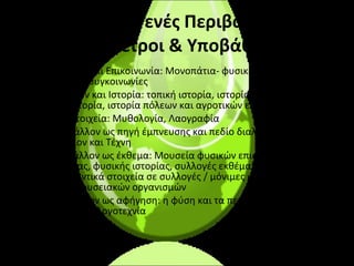 Ανθρωπογενές Περιβάλλον – Παράμετροι & Υποβάθμιση Περιβάλλον και Επικοινωνία: Μονοπάτια- φυσικές διαδρομές, μεταφορές, συγκοινωνίες Περιβάλλον και Ιστορία: τοπική ιστορία, ιστορία μετακινήσεων, φυσική ιστορία, ιστορία πόλεων και αγροτικών εγκαταστάσεων Φυσικά Στοιχεία: Μυθολογία, Λαογραφία Το Περιβάλλον ως πηγή έμπνευσης και πεδίο διαλόγου: Περιβάλλον και Τέχνη Το περιβάλλον ως έκθεμα: Μουσεία φυσικών επιστημών και τεχνολογίας, φυσικής ιστορίας, συλλογές εκθέματα, περιβαλλοντικά στοιχεία σε συλλογές / μόνιμες και περιοδικές εκθέσεις μουσειακών οργανισμών Το περιβάλλον ως αφήγηση: η φύση και τα περιβαλλοντικά ζητήματα στη λογοτεχνία 